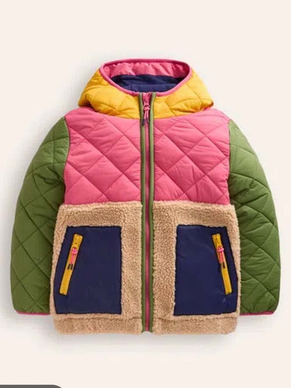 Boden Colorblock Quilted & Sherpa Hooded Jacket - Pink, Green, Yellow, Navy
